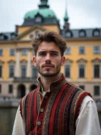 dignified and traditional man in Stockholm wearing a Swedish folkdräkt, Stockholm Palace in the background