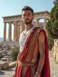 impressive and traditional man in Athens wearing a traditional Evzone uniform/Amalia dress, Parthenon in the background