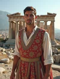 impressive and traditional man in Athens wearing a traditional Evzone uniform/Amalia dress, Parthenon in the background