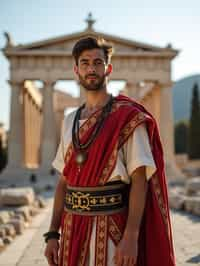 impressive and traditional man in Athens wearing a traditional Evzone uniform/Amalia dress, Parthenon in the background