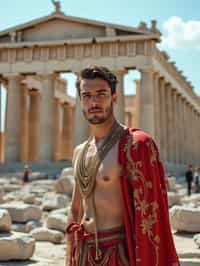 impressive and traditional man in Athens wearing a traditional Evzone uniform/Amalia dress, Parthenon in the background