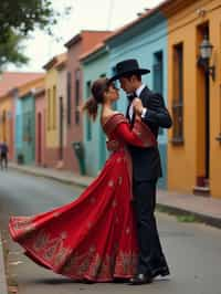 classy and traditional man in Buenos Aires wearing a tango dress/gaucho attire, colorful houses of La Boca neighborhood in the background