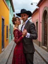 classy and traditional man in Buenos Aires wearing a tango dress/gaucho attire, colorful houses of La Boca neighborhood in the background