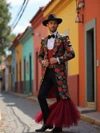 classy and traditional man in Buenos Aires wearing a tango dress/gaucho attire, colorful houses of La Boca neighborhood in the background