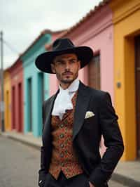 classy and traditional man in Buenos Aires wearing a tango dress/gaucho attire, colorful houses of La Boca neighborhood in the background