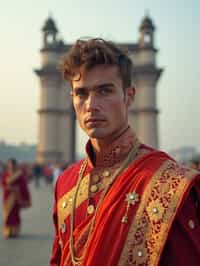 classic and traditional man in Mumbai wearing a vibrant Saree Sherwani, Gateway of India in the background