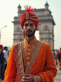 classic and traditional man in Mumbai wearing a vibrant Saree Sherwani, Gateway of India in the background