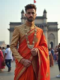 classic and traditional man in Mumbai wearing a vibrant Saree Sherwani, Gateway of India in the background