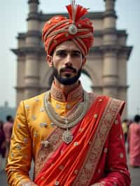 classic and traditional man in Mumbai wearing a vibrant Saree Sherwani, Gateway of India in the background