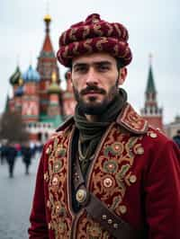 authentic and cultural man in Moscow wearing a traditional sarafan/kosovorotka, Saint Basil's Cathedral in the background