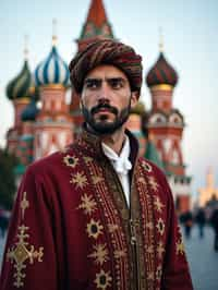 authentic and cultural man in Moscow wearing a traditional sarafan/kosovorotka, Saint Basil's Cathedral in the background