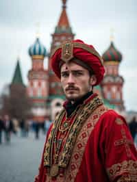 authentic and cultural man in Moscow wearing a traditional sarafan/kosovorotka, Saint Basil's Cathedral in the background