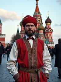 authentic and cultural man in Moscow wearing a traditional sarafan/kosovorotka, Saint Basil's Cathedral in the background