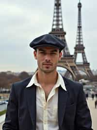 polished and traditional man in Paris wearing a traditional Breton shirt and beret, Eiffel Tower in the background