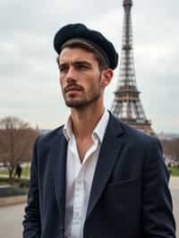 polished and traditional man in Paris wearing a traditional Breton shirt and beret, Eiffel Tower in the background