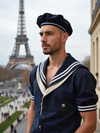 polished and traditional man in Paris wearing a traditional Breton shirt and beret, Eiffel Tower in the background