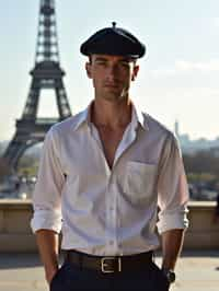 polished and traditional man in Paris wearing a traditional Breton shirt and beret, Eiffel Tower in the background