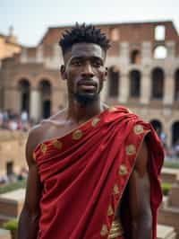 grand and historical man in Rome wearing a traditional Roman stola/toga, Colosseum in the background