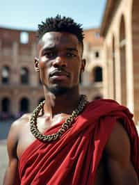 grand and historical man in Rome wearing a traditional Roman stola/toga, Colosseum in the background