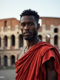 grand and historical man in Rome wearing a traditional Roman stola/toga, Colosseum in the background