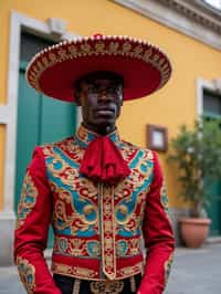 bold and cultural man in Mexico City wearing a traditional charro suit/china poblana, Frida Kahlo Museum in the background