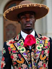 bold and cultural man in Mexico City wearing a traditional charro suit/china poblana, Frida Kahlo Museum in the background