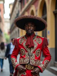 bold and cultural man in Mexico City wearing a traditional charro suit/china poblana, Frida Kahlo Museum in the background