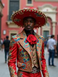 bold and cultural man in Mexico City wearing a traditional charro suit/china poblana, Frida Kahlo Museum in the background