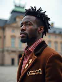 dignified and traditional man in Stockholm wearing a Swedish folkdräkt, Stockholm Palace in the background