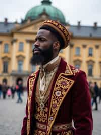 dignified and traditional man in Stockholm wearing a Swedish folkdräkt, Stockholm Palace in the background