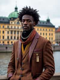 dignified and traditional man in Stockholm wearing a Swedish folkdräkt, Stockholm Palace in the background