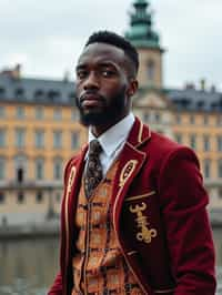 dignified and traditional man in Stockholm wearing a Swedish folkdräkt, Stockholm Palace in the background