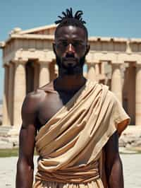 impressive and traditional man in Athens wearing a traditional Evzone uniform/Amalia dress, Parthenon in the background