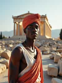 impressive and traditional man in Athens wearing a traditional Evzone uniform/Amalia dress, Parthenon in the background