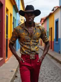 classy and traditional man in Buenos Aires wearing a tango dress/gaucho attire, colorful houses of La Boca neighborhood in the background