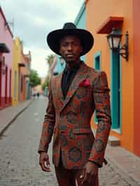 classy and traditional man in Buenos Aires wearing a tango dress/gaucho attire, colorful houses of La Boca neighborhood in the background