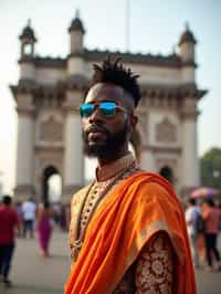 classic and traditional man in Mumbai wearing a vibrant Saree Sherwani, Gateway of India in the background