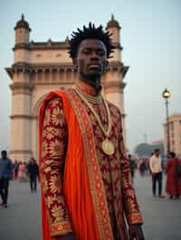 classic and traditional man in Mumbai wearing a vibrant Saree Sherwani, Gateway of India in the background