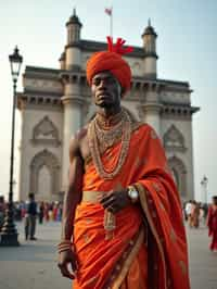 classic and traditional man in Mumbai wearing a vibrant Saree Sherwani, Gateway of India in the background