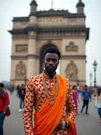 classic and traditional man in Mumbai wearing a vibrant Saree Sherwani, Gateway of India in the background