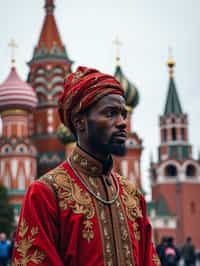 authentic and cultural man in Moscow wearing a traditional sarafan/kosovorotka, Saint Basil's Cathedral in the background