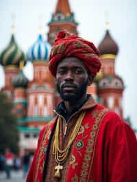 authentic and cultural man in Moscow wearing a traditional sarafan/kosovorotka, Saint Basil's Cathedral in the background