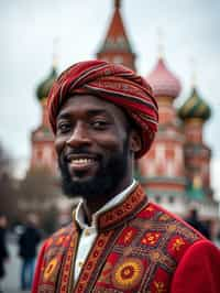 authentic and cultural man in Moscow wearing a traditional sarafan/kosovorotka, Saint Basil's Cathedral in the background