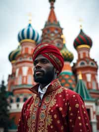 authentic and cultural man in Moscow wearing a traditional sarafan/kosovorotka, Saint Basil's Cathedral in the background