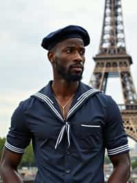 polished and traditional man in Paris wearing a traditional Breton shirt and beret, Eiffel Tower in the background