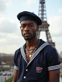 polished and traditional man in Paris wearing a traditional Breton shirt and beret, Eiffel Tower in the background