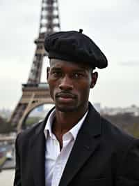 polished and traditional man in Paris wearing a traditional Breton shirt and beret, Eiffel Tower in the background