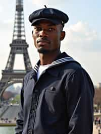 polished and traditional man in Paris wearing a traditional Breton shirt and beret, Eiffel Tower in the background