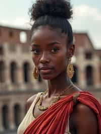 stunning and historical  woman in Rome wearing a traditional Roman stola/toga, Colosseum in the background