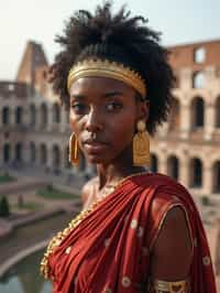 stunning and historical  woman in Rome wearing a traditional Roman stola/toga, Colosseum in the background